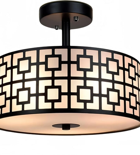DLLT Flush Mount Ceiling Light: Modern 3-Light Semi Flush Mount Ceiling Light Fixture - Drum Kitchen Lighting Fixture for Dining Room - Black Bedroom Ceiling Lamp with Double Shade