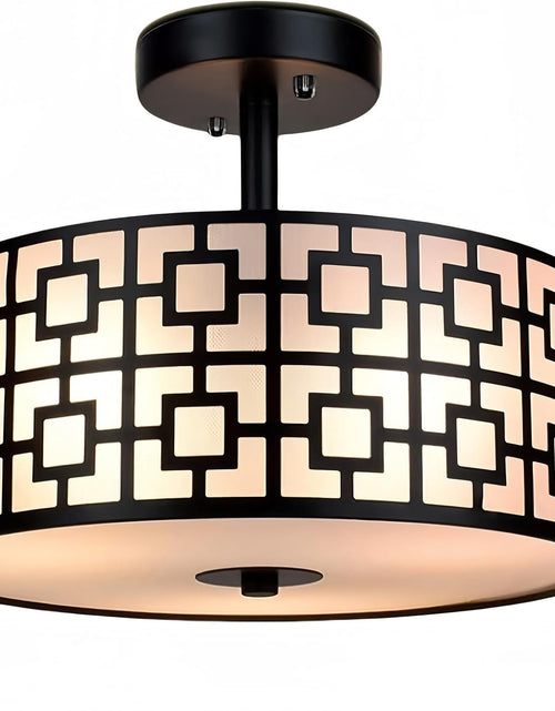 Load image into Gallery viewer, DLLT Flush Mount Ceiling Light: Modern 3-Light Semi Flush Mount Ceiling Light Fixture - Drum Kitchen Lighting Fixture for Dining Room - Black Bedroom Ceiling Lamp with Double Shade
