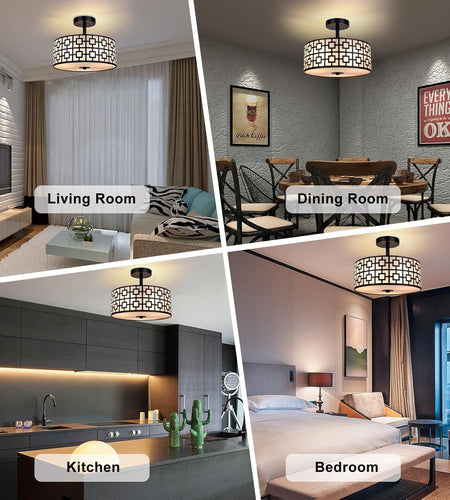 DLLT Flush Mount Ceiling Light: Modern 3-Light Semi Flush Mount Ceiling Light Fixture - Drum Kitchen Lighting Fixture for Dining Room - Black Bedroom Ceiling Lamp with Double Shade