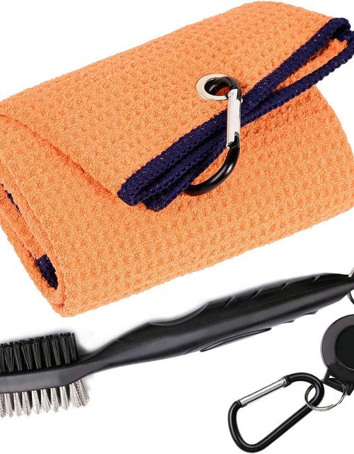Load image into Gallery viewer, Golf Towels, Microfiber Waffle Pattern Tri-Fold Golf Towel - Brush Tool Kit with Club Groove Cleaner, with Clip Men Women Golf Gifts (Orange Towel+Black Brush)
